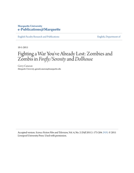 Zombies and Zombis in Firefly/Serenity and Dollhouse Gerry Canavan Marquette University, Gerard.Canavan@Marquette.Edu