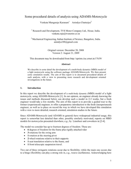 Some Procedural Details of Analysis Using ADAMS-Motorcycle