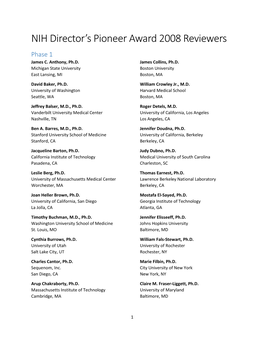 NIH Director's Pioneer Award 2008 Reviewers