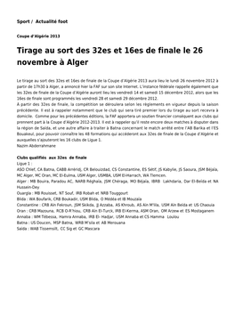 Tirage Au Sort Des 32Es Et 16Es De Finale Le 26 Novembre À Alger