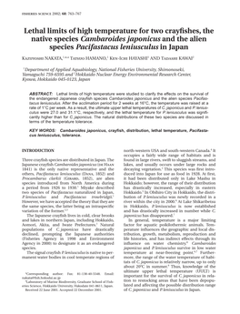 Lethal Limits of High Temperature for Two Crayfishes, the Native Species Cambaroides Japonicus and the Alien Species Pacifastacu