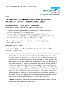 Environmental Performance in Countries Worldwide: Determinant Factors and Multivariate Analysis