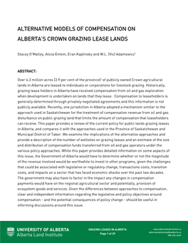 Alternative Models of Compensation on Alberta's Crown Grazing Lease Lands