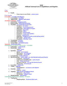 2018 Official National List of Amphibians and Reptiles