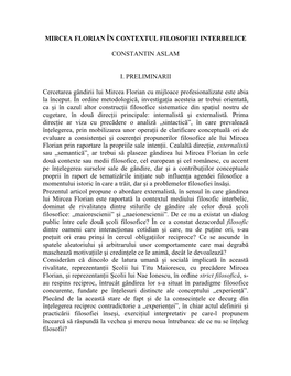 Mircea Florian in Contextul Filosofiei Interbelice