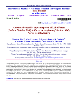 Annonated Checklist of Plant Species of Loita Forest (Entim E Naimina Enkiyio Forest Or the Forest of the Lost Child), Narok County, Kenya