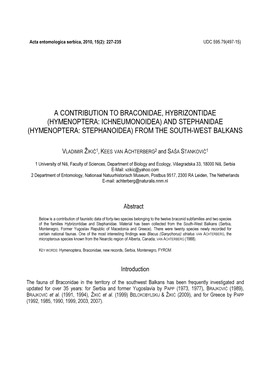 Hymenoptera: Ichneumonoidea) and Stephanidae (Hymenoptera: Stephanoidea) from the South-West Balkans