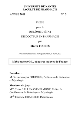 Malva Sylvestris L. Et Autres Mauves De France