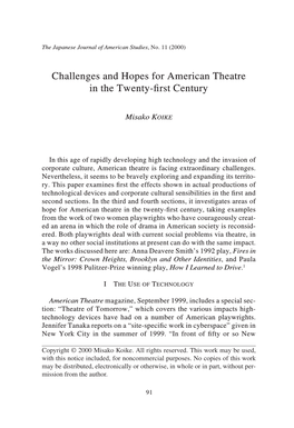 Challenges and Hopes for American Theatre in the Twenty-First Century