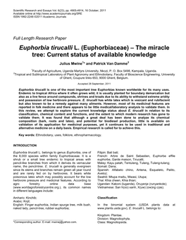 Euphorbia Tirucalli L. (Euphorbiaceae) – the Miracle Tree: Current Status of Available Knowledge