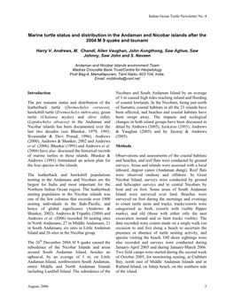 Marine Turtle Status and Distribution in the Andaman and Nicobar Islands After the 2004 M 9 Quake and Tsunami