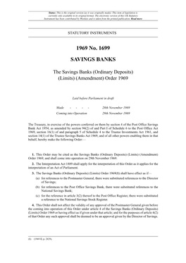 The Savings Banks (Ordinary Deposits) (Limits) (Amendment) Order 1969