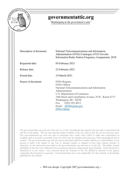 National Telecommunications and Information Administration (NTIA) Catalogue of US Traveler Information Radio Station Frequency Assignments, 2018