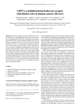 CD97 Is a Multifunctional Leukocyte Receptor with Distinct Roles in Human Cancers (Review)