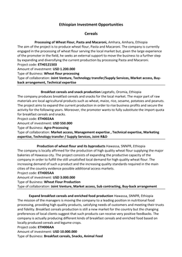 Ethiopian Investment Opportunities Cereals