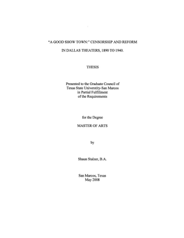 Censorship and Reform in Dallas Theaters, 1890 To