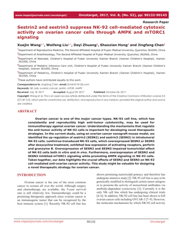 Sestrin2 and Sestrin3 Suppress NK-92 Cell-Mediated Cytotoxic Activity on Ovarian Cancer Cells Through AMPK and Mtorc1 Signaling