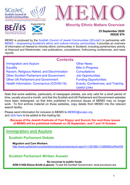 MEMO Is Produced by the Scottish Council of Jewish Communities (Scojec) in Partnership with BEMIS – Empowering Scotland's Ethnic and Cultural Minority Communities