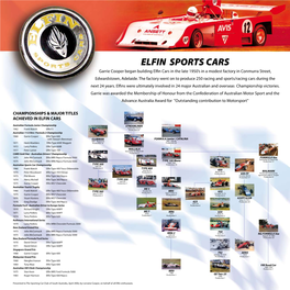 ELFIN SPORTS CARS Garrie Cooper Began Building Elfin Cars in the Late 1950’S in a Modest Factory in Conmurra Street, Edwardstown, Adelaide