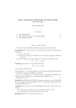 Real Algebraic Geometry Lecture Notes (05: 03/11/09)