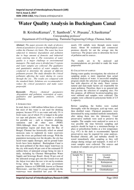 Water Quality Analysis in Buckingham Canal