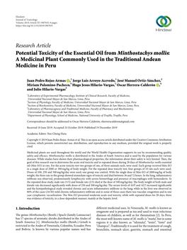 Potential Toxicity of the Essential Oil from Minthostachys Mollis: a Medicinal Plant Commonly Used in the Traditional Andean Medicine in Peru