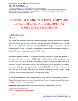 Educational Thoughts of Begum Rokeya and Her Contribution in the Upliftment of Women Education in Bengal