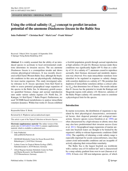 Using the Critical Salinity (Scrit) Concept to Predict Invasion Potential of the Anemone Diadumene Lineata in the Baltic Sea