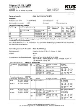 Gutachten 366-0192-19-LORD Zur Erteilung Der ABE 52682 ANLAGE: 7 Radtyp: UX100.7518