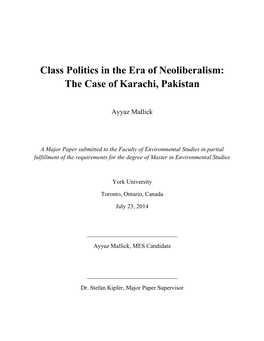 Class in the Era of Neoliberalism: the Case of Karachi, Pakistan