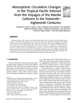 Atmospheric Circulation Changes in the Tropical Pacific Inferred from the Voyages of the Manila Galleons in the Sixteenth– Eighteenth Centuries Rolando R