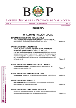 Sumario Boletín Oficial De La Provincia De Valladolid