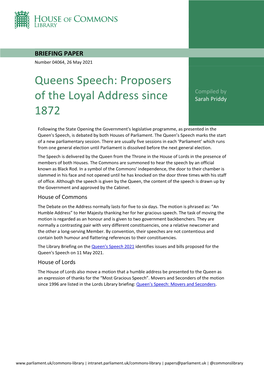 Proposers of the Loyal Address Since 1900