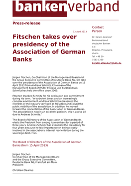 Fitschen Takes Over Presidency of the Association of German Banks