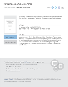 Exploring Encryption and Potential Mechanisms for Authorized Government Access to Plaintext: Proceedings of a Workshop