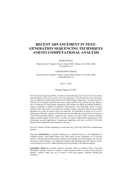 Generation Sequencing Techniques and Its Computational Analysis