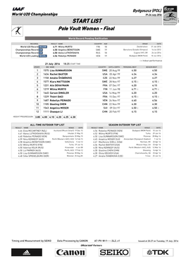 START LIST Pole Vault Women - Final