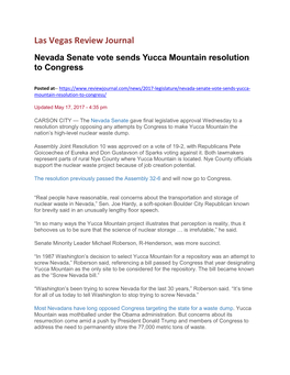 Las Vegas Review Journal Nevada Senate Vote Sends Yucca Mountain Resolution to Congress