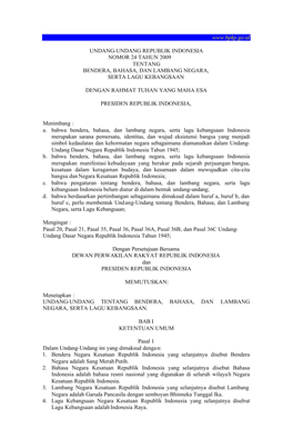 Undang-Undang Nomor 24 Tahun 2009 Tentang Bendera, Bahasa, Dan Lambang Negara, Serta Lagu Kebangsaan