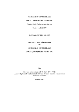 Estudio Crtico Sobre La Traduccin De Hamlet, Prncipe De Dinamarca De Guillermo Macpherson (1873)