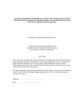 How the Conservative Party Adapted to Extensions of the Franchise; and Coped with Ensuing Political Repercussions 1867-1914