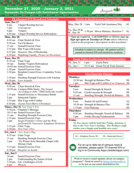 December 27, 2020 - January 2, 2021 Sunnyside On-Campus Life Enrichment Opportunities