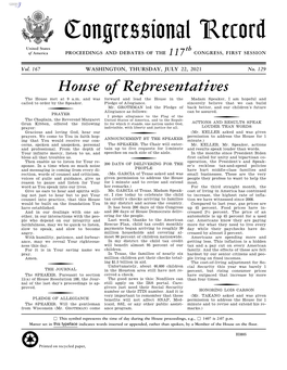 Congressional Record United States Th of America PROCEEDINGS and DEBATES of the 117 CONGRESS, FIRST SESSION