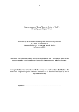 Representations of 'Home' from the Setting of 'Exile': Novels by Arab Migrant Writers Submitted by Assmaa Mohamed Naguib
