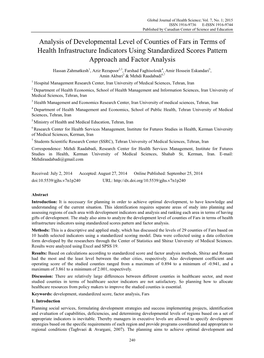 Analysis of Developmental Level of Counties of Fars in Terms of Health Infrastructure Indicators Using Standardized Scores Pattern Approach and Factor Analysis