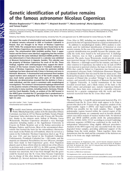 Genetic Identification of Putative Remains of the Famous Astronomer Nicolaus Copernicus