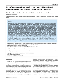 Hotspots for Naturalised Sleeper Weeds in Australia Under Future Climates