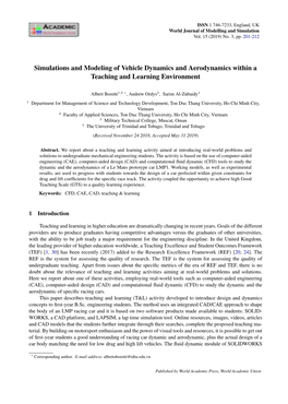 Simulations and Modeling of Vehicle Dynamics and Aerodynamics Within a Teaching and Learning Environment