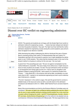 Dissent Over HC Verdict on Engineering Admission - Southindia - Kochi - Ibnlive Page 1 of 3