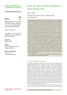 Detection Avoidance in Brood Parasitic Bees Royalsocietypublishing.Org/Journal/Rstb Jessica R